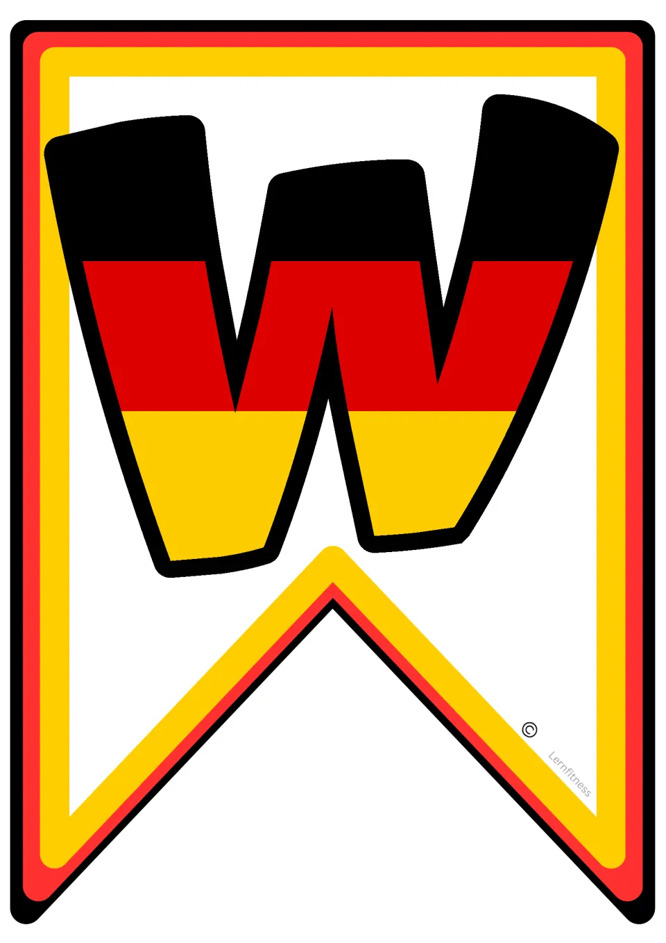 Pennant for the letter W in German flag stripes of black, red and gold, the first letter of WELTMEISTERSCHAFT