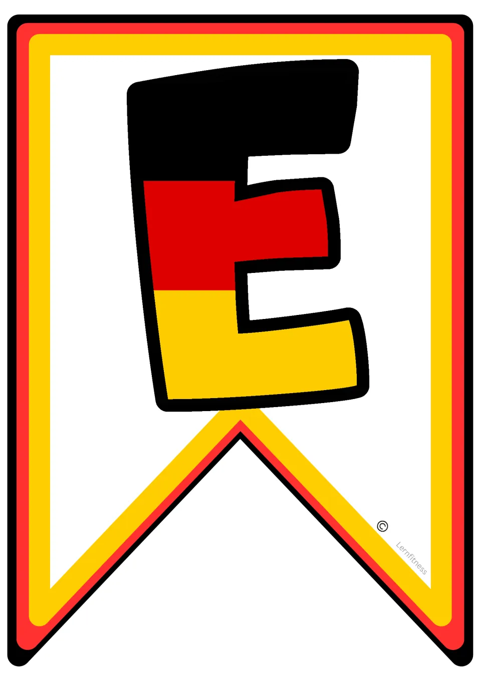 Letter E pennant filled with black, red and gold German flag bands, one of the letters spelling WELT and MEISTER