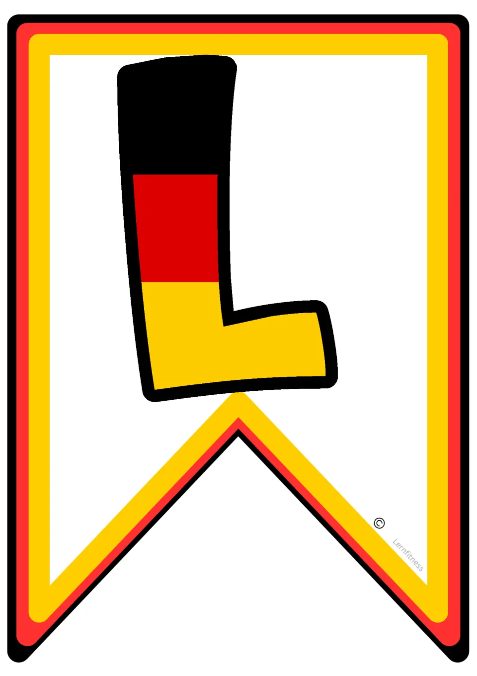 Letter L pennant striped black, red and gold like the German flag, the third letter in the word WELT