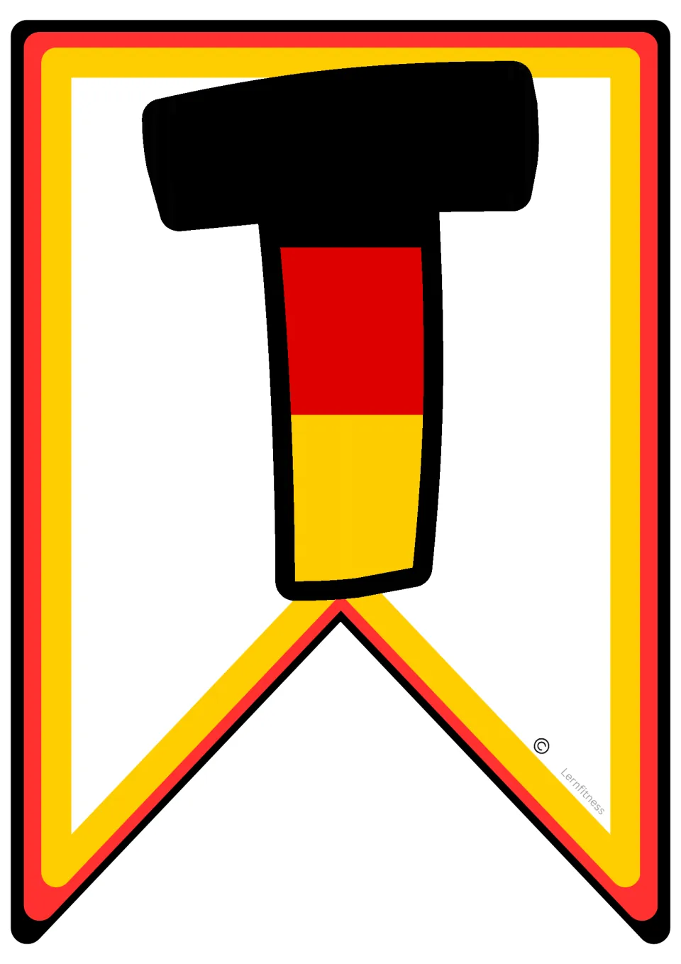 Letter T pennant in German flag colours black, red and gold, used to finish WELT and in MEISTER and SCHAFT