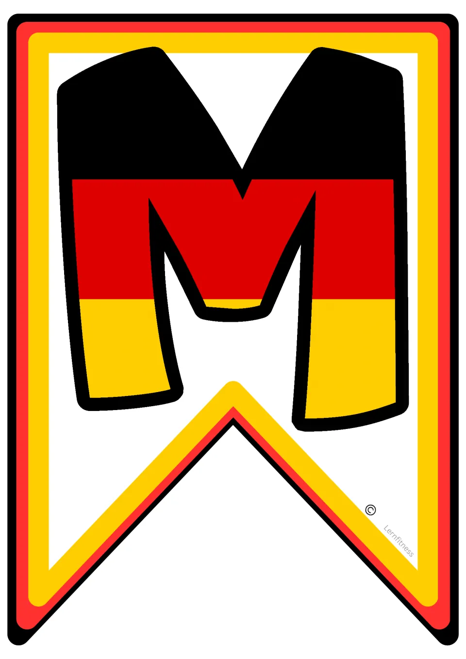 Letter M pennant with German flag stripes in black, red and gold, the opening letter of the word MEISTER