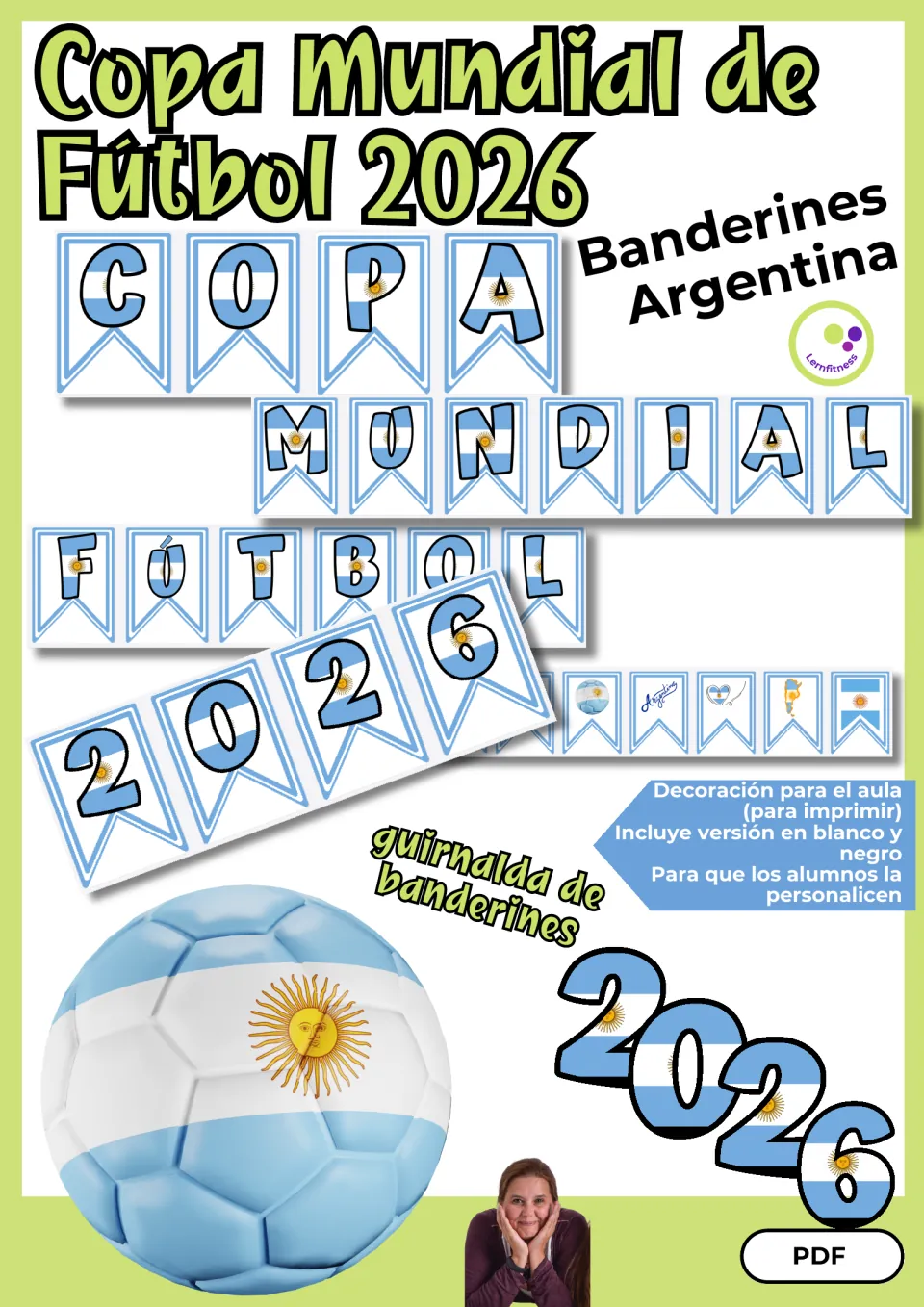 Cover: Copa Mundial de Fútbol 2026 Argentina banderines, a printable classroom garland with a black-and-white version