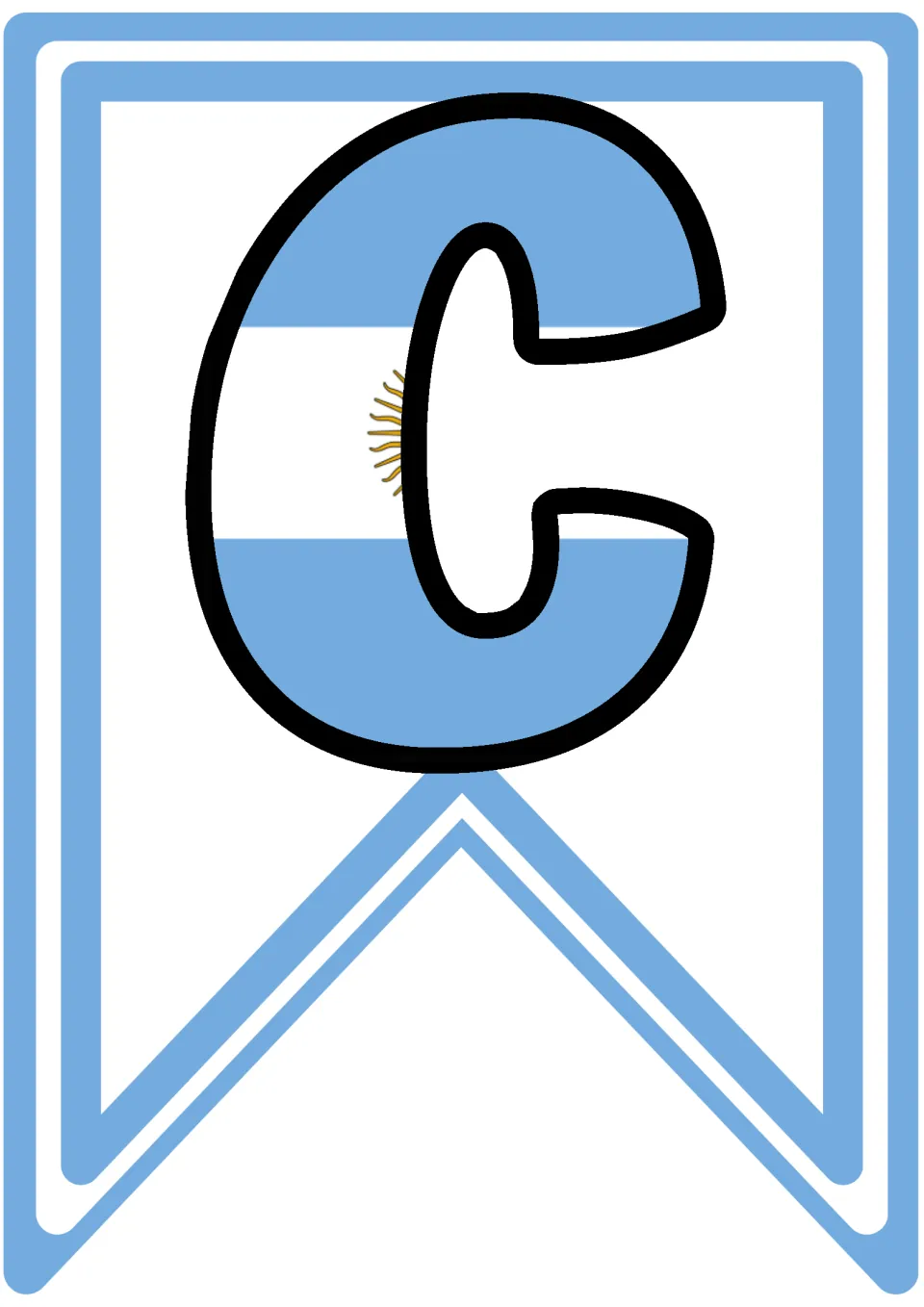 Pennant letter C filled with Argentina's sky-blue and white stripes and Sun of May, to cut out for the COPA banner