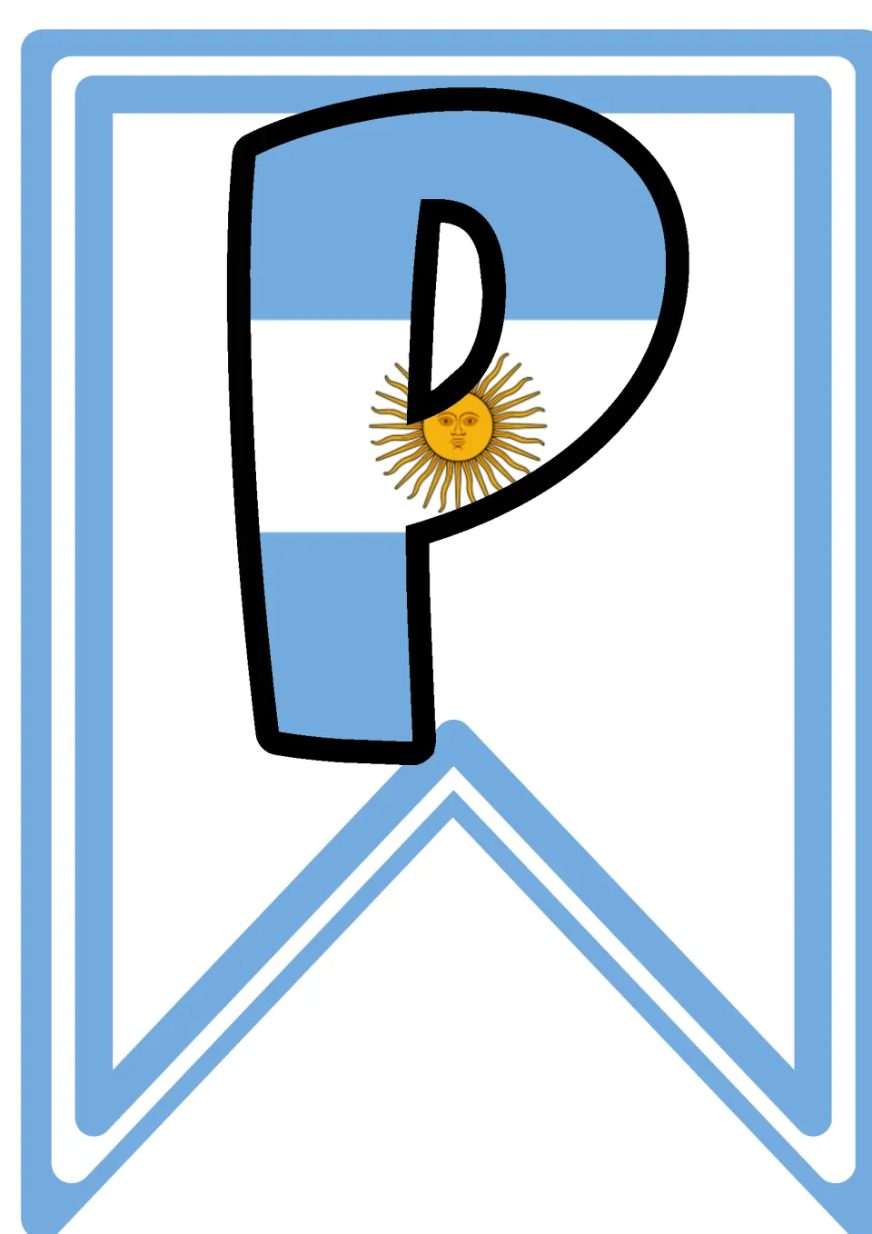 Pennant letter P in Argentina flag colours with the Sun of May at its centre, printed to cut out and hang in the garland