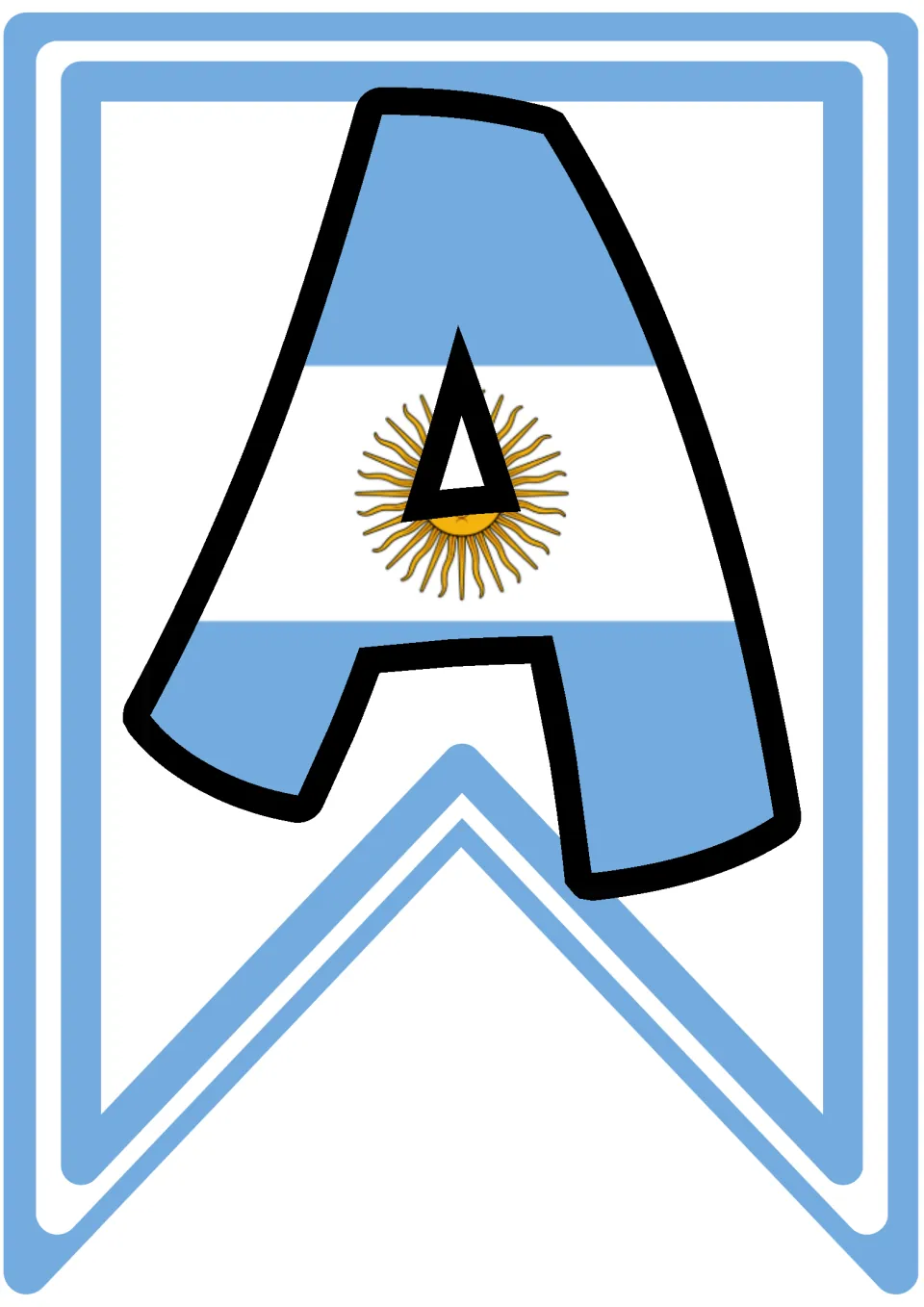 Pennant letter A showing Argentina's flag stripes and golden Sun of May, the last letter spelling COPA on the garland
