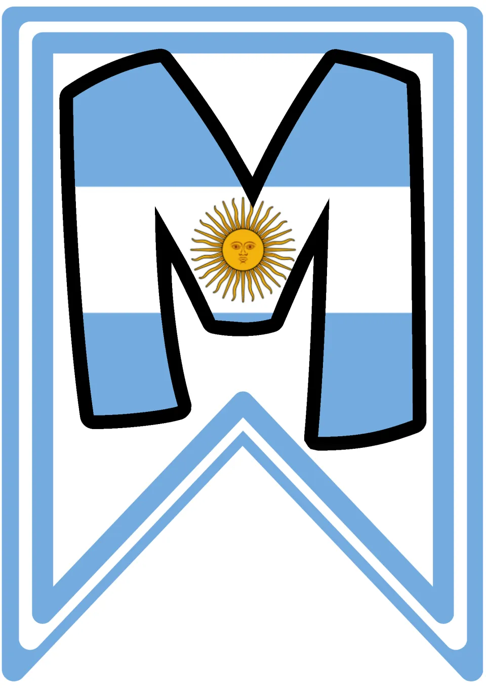 Pennant letter M in Argentina's flag stripes with the Sun of May, the first letter of MUNDIAL on the World Cup garland