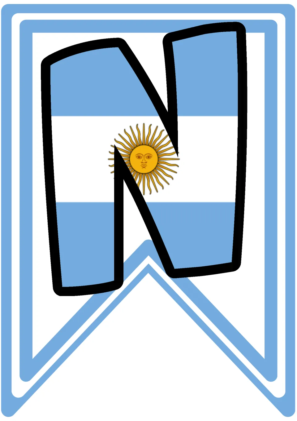 Pennant letter N decorated with Argentina's flag stripes and a large Sun of May face, a letter in MUNDIAL for the garland