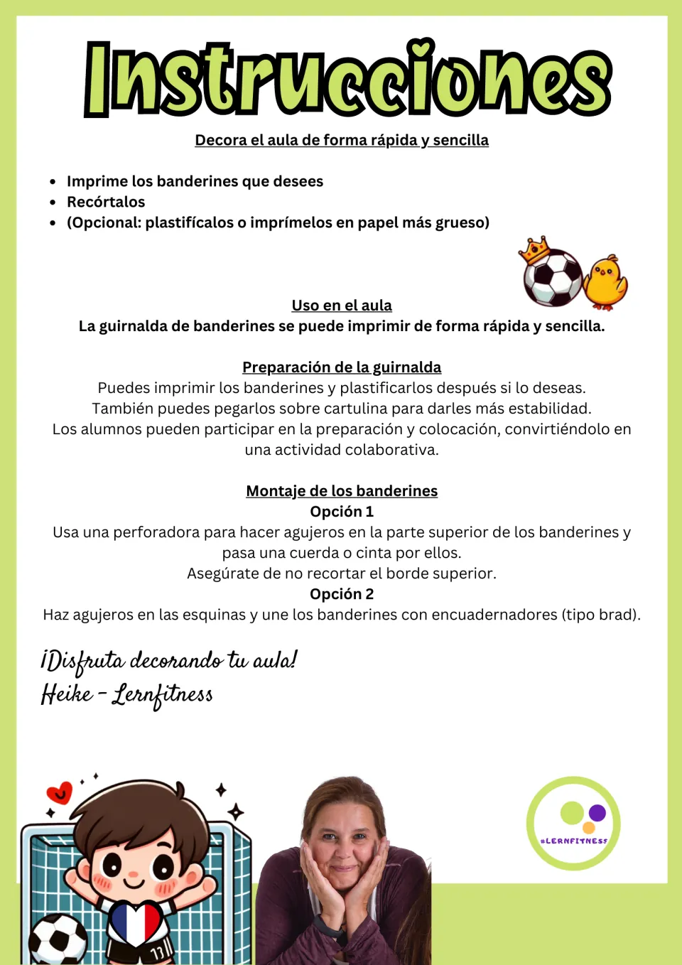 Setup instructions in Spanish: print, cut out and optionally laminate the pennants, then hang them with string or brads