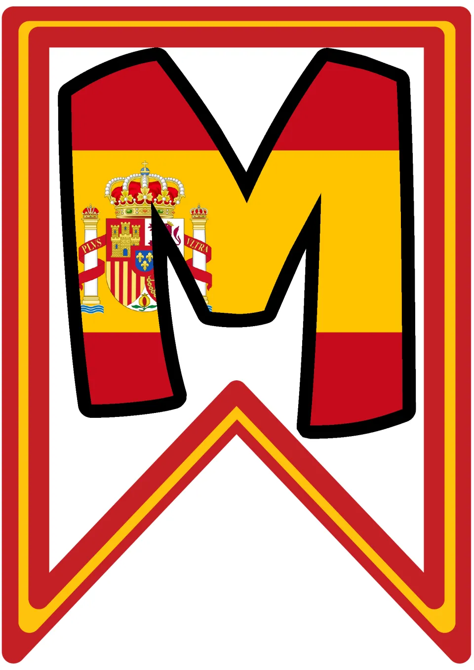 Pennant letter M in red and yellow Spanish flag stripes with the coat of arms, starting the word Mundial