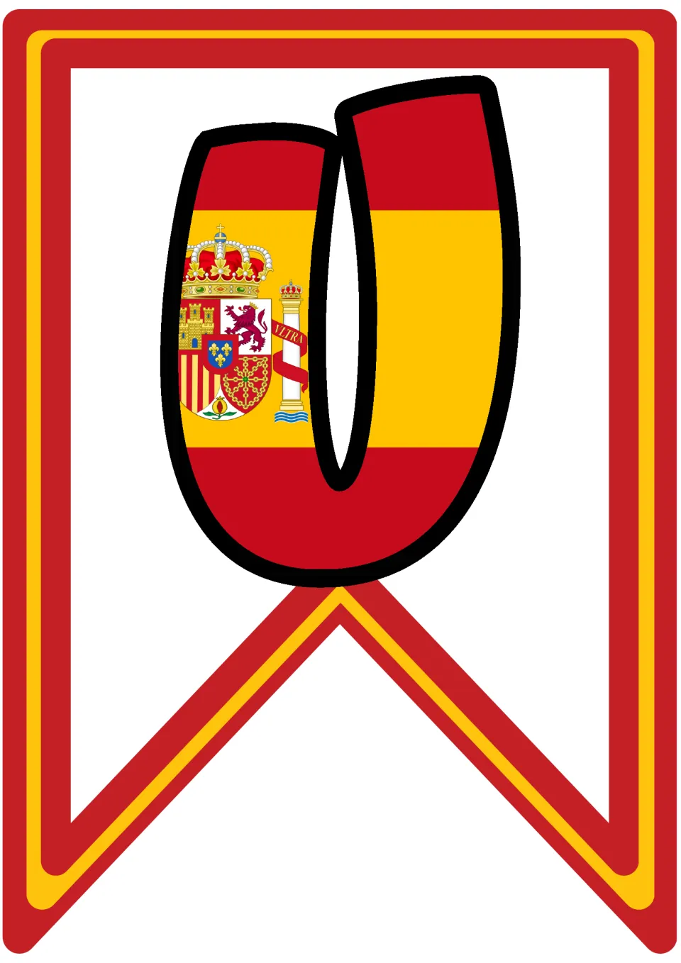 Pennant letter U decorated with the Spanish flag and coat of arms, the second letter of Mundial