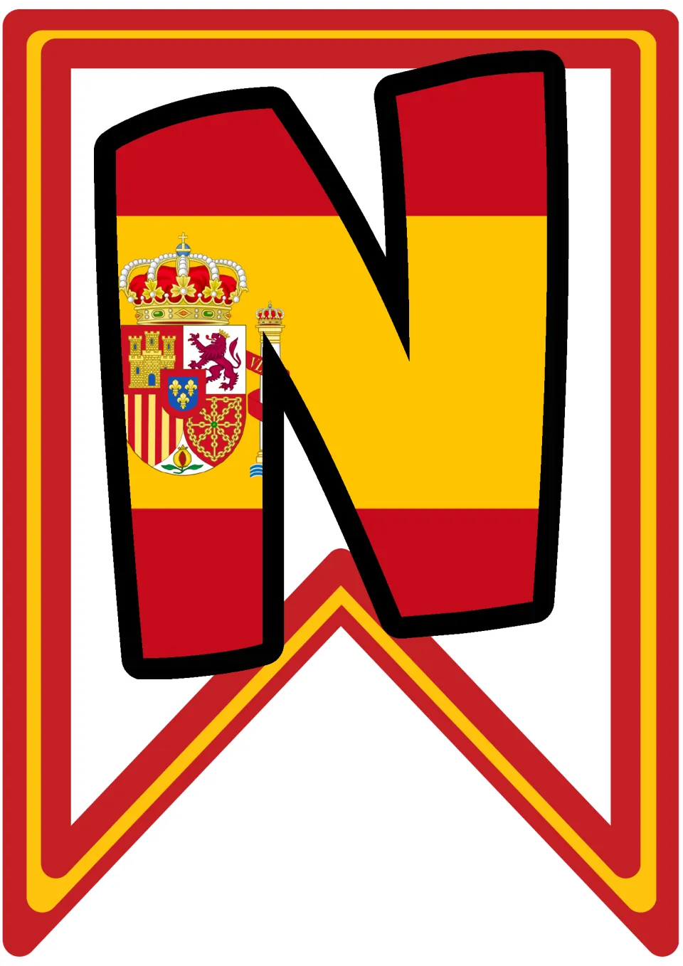 Pennant letter N in the flag of Spain's red and yellow stripes and crest, the third letter of Mundial