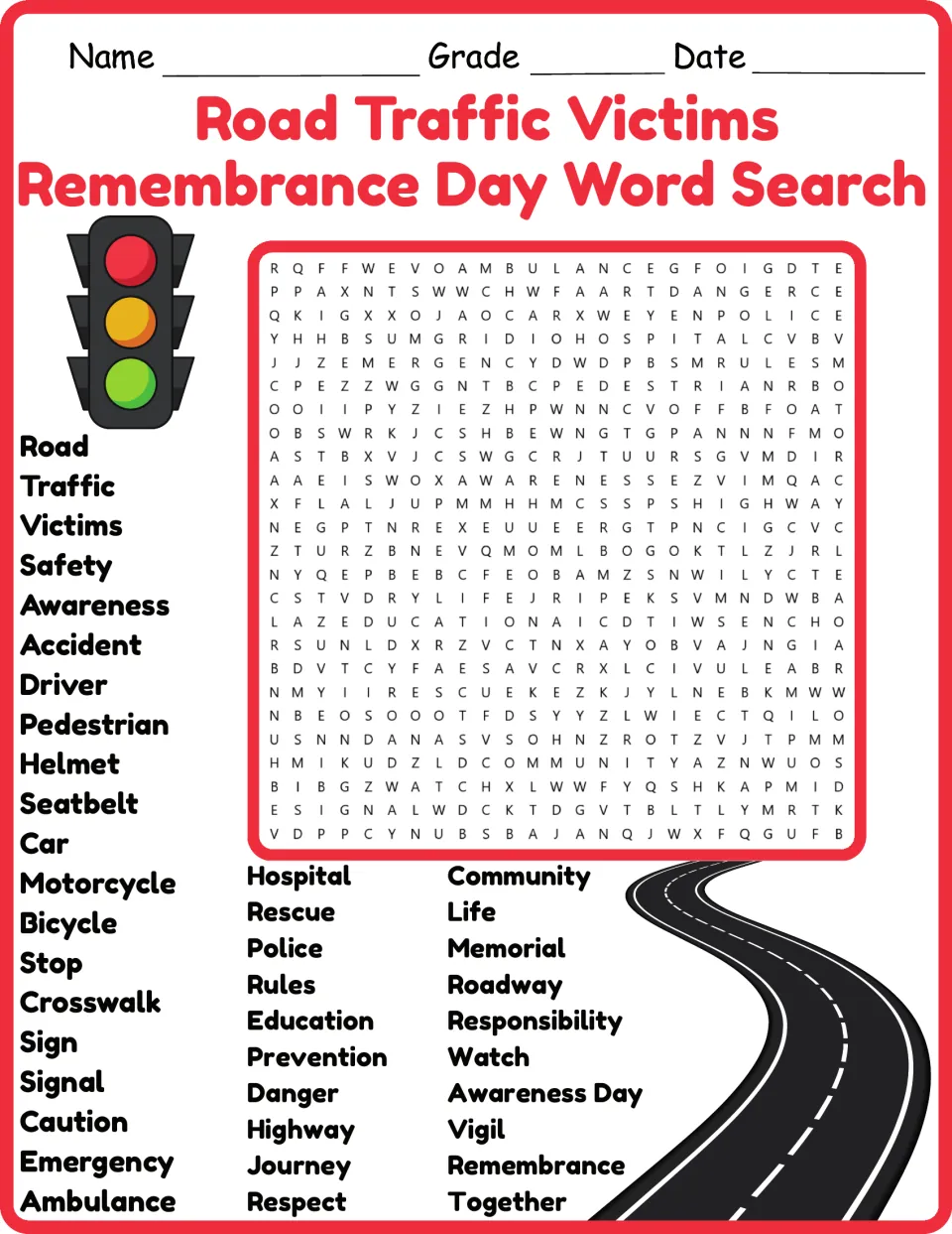 Color road traffic remembrance word search featuring pedestrian, seatbelt, emergency, memorial and 36 more terms