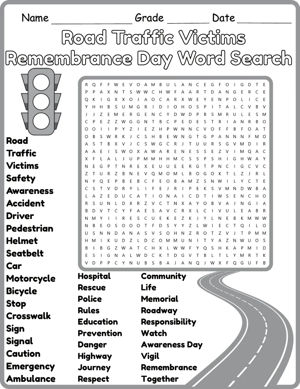 Black-and-white road traffic remembrance word search featuring safety, prevention, respect and 37 more terms