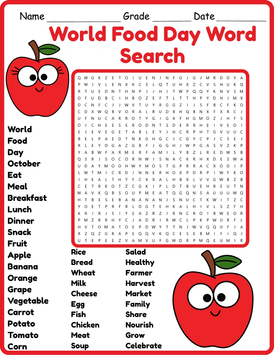 Color version of the food word search: 40 terms including breakfast, vegetable, farmer, and nourish.