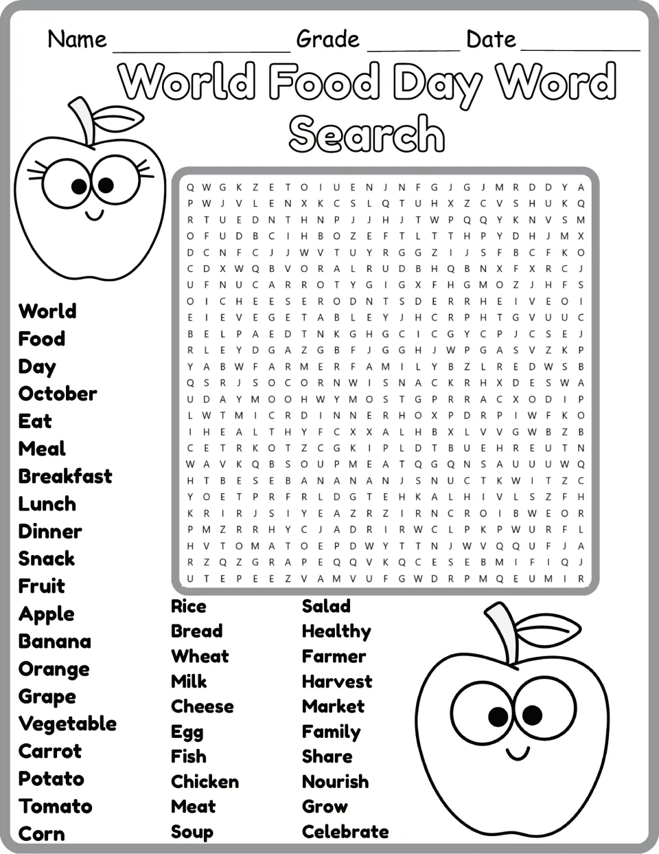 Black-and-white version of the food word search, with 40 terms including harvest, healthy, and family.