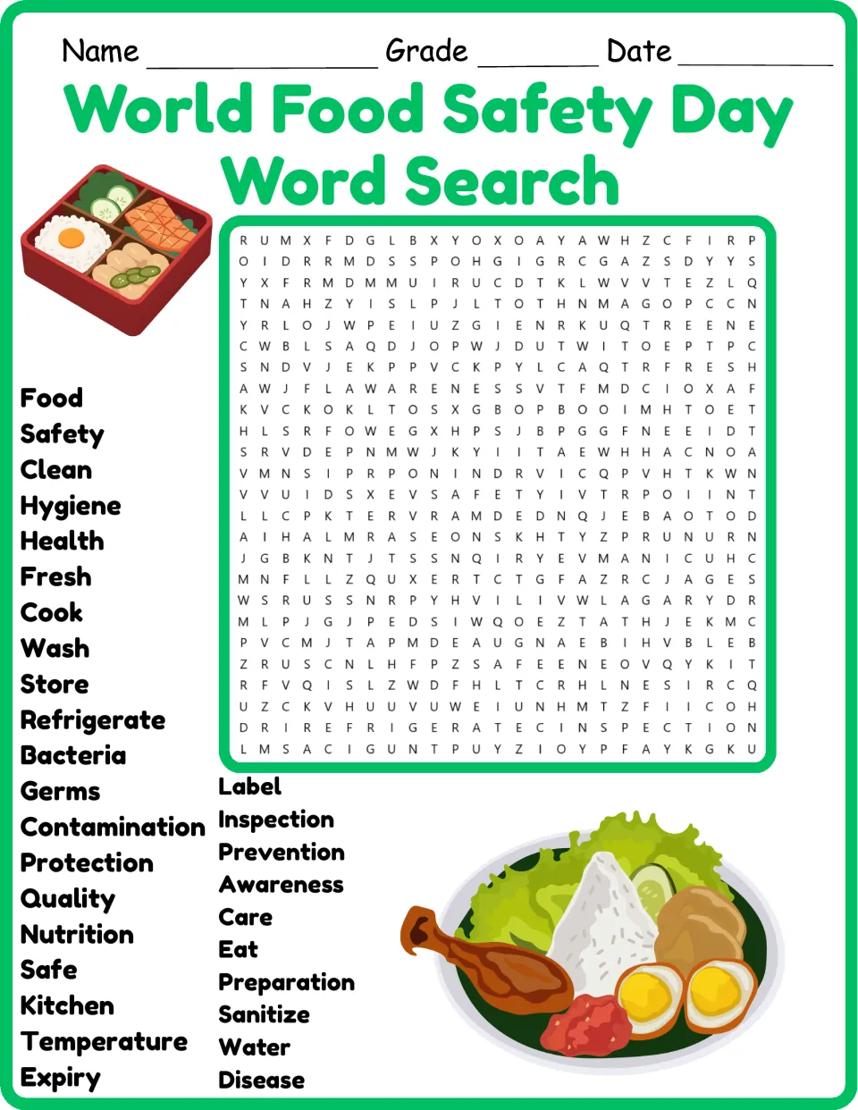 Color food safety word search: students find 30 words like hygiene, bacteria, refrigerate and sanitize hidden in letters