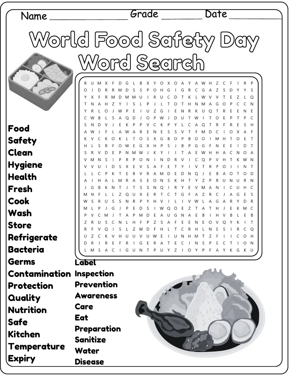 Black-and-white food safety word search: students find the same 30 words, from germs and hygiene to expiry and disease