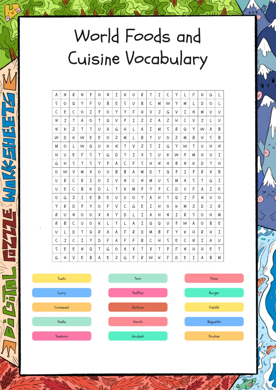 World foods word search: students find 15 dish names such as sushi, pad thai, croissant, kimchi and poutine