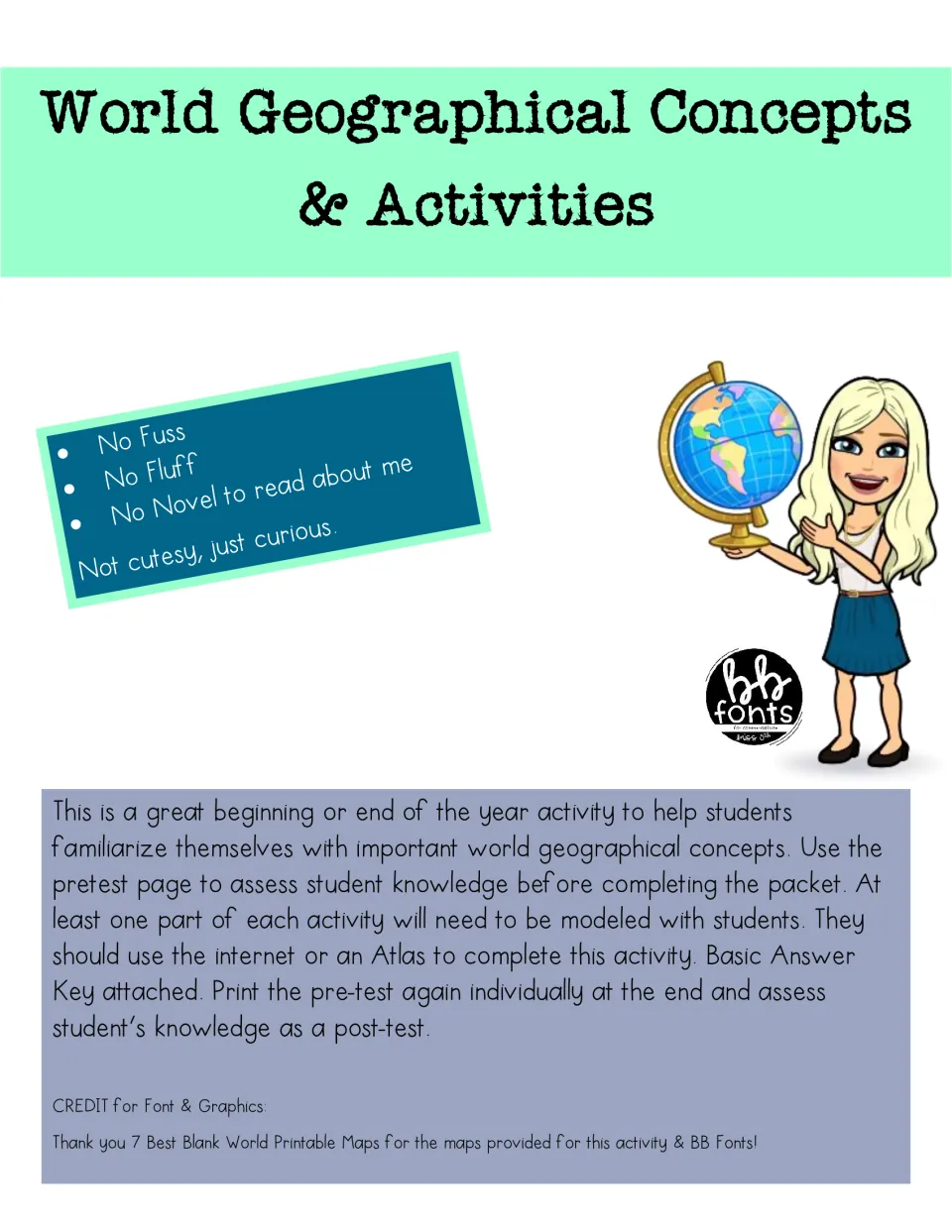 World Geographical Concepts & Activities cover: teacher notes on a pretest, atlas or internet use, and a post-test