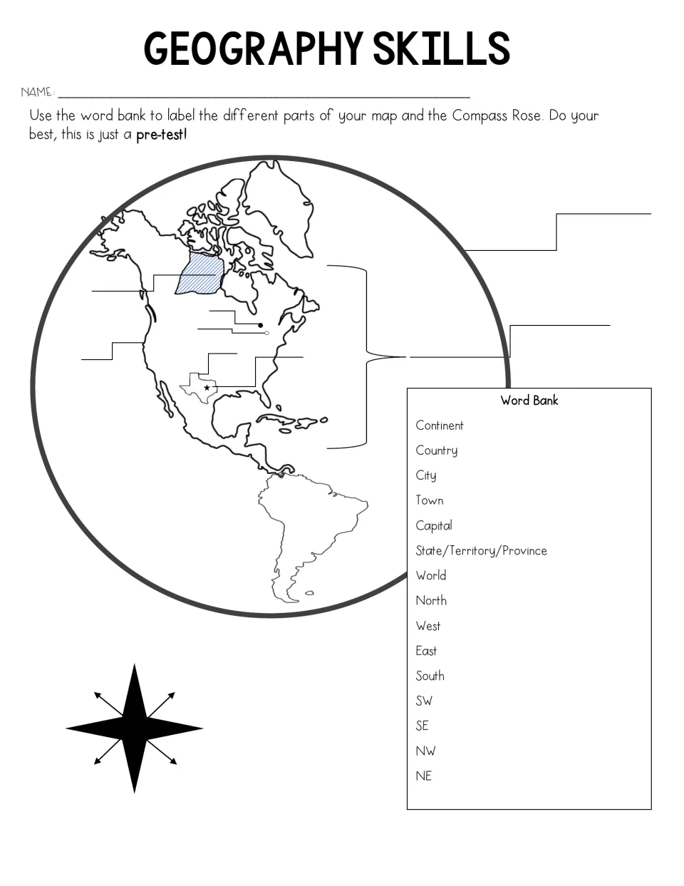 Geography Skills pre-test: students label a continent, country, capital, city and compass rose directions from a word bank