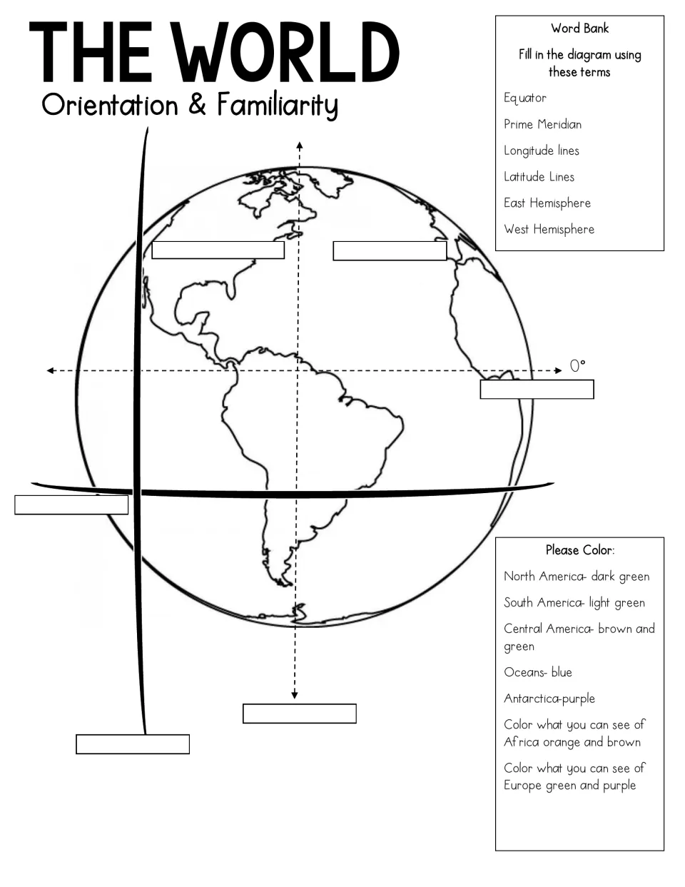 World orientation: students label equator, prime meridian, latitude, longitude and hemispheres on a globe, then color it