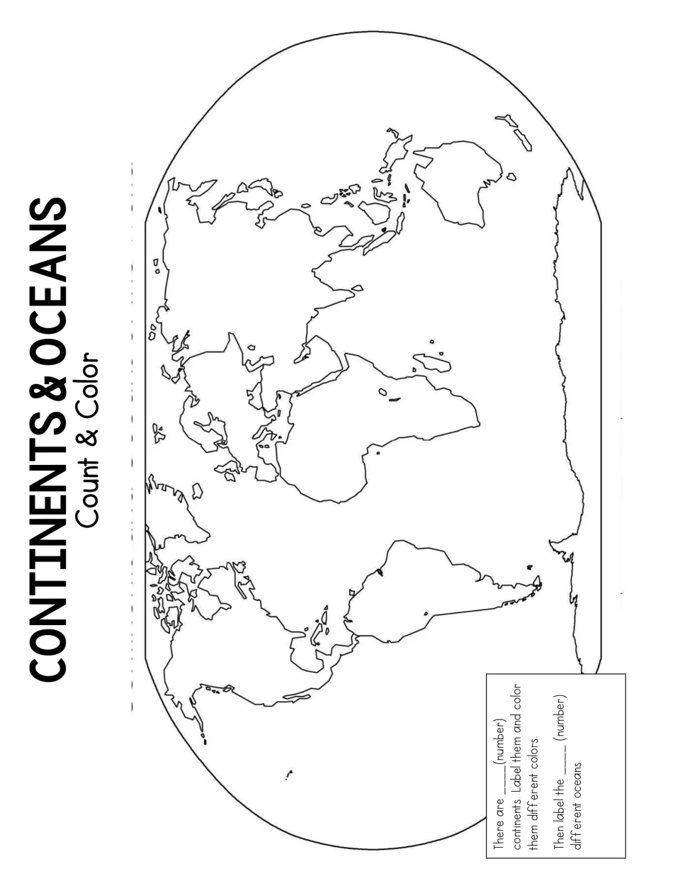 Continents and oceans count and color: students write how many there are, then label and color each on a world map