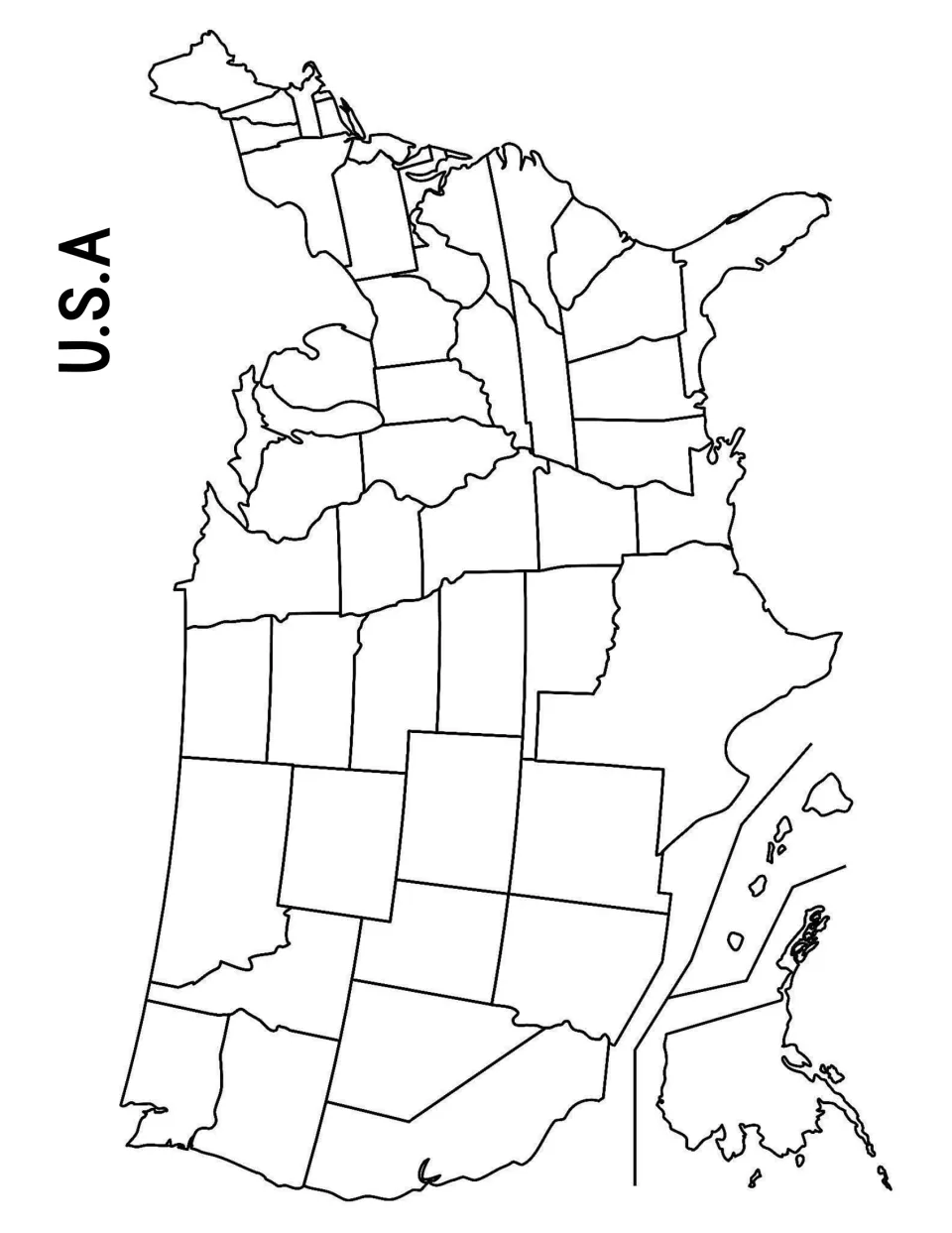 Blank U.S.A. outline map with state borders and Alaska and Hawaii insets, for labeling and coloring all 50 states