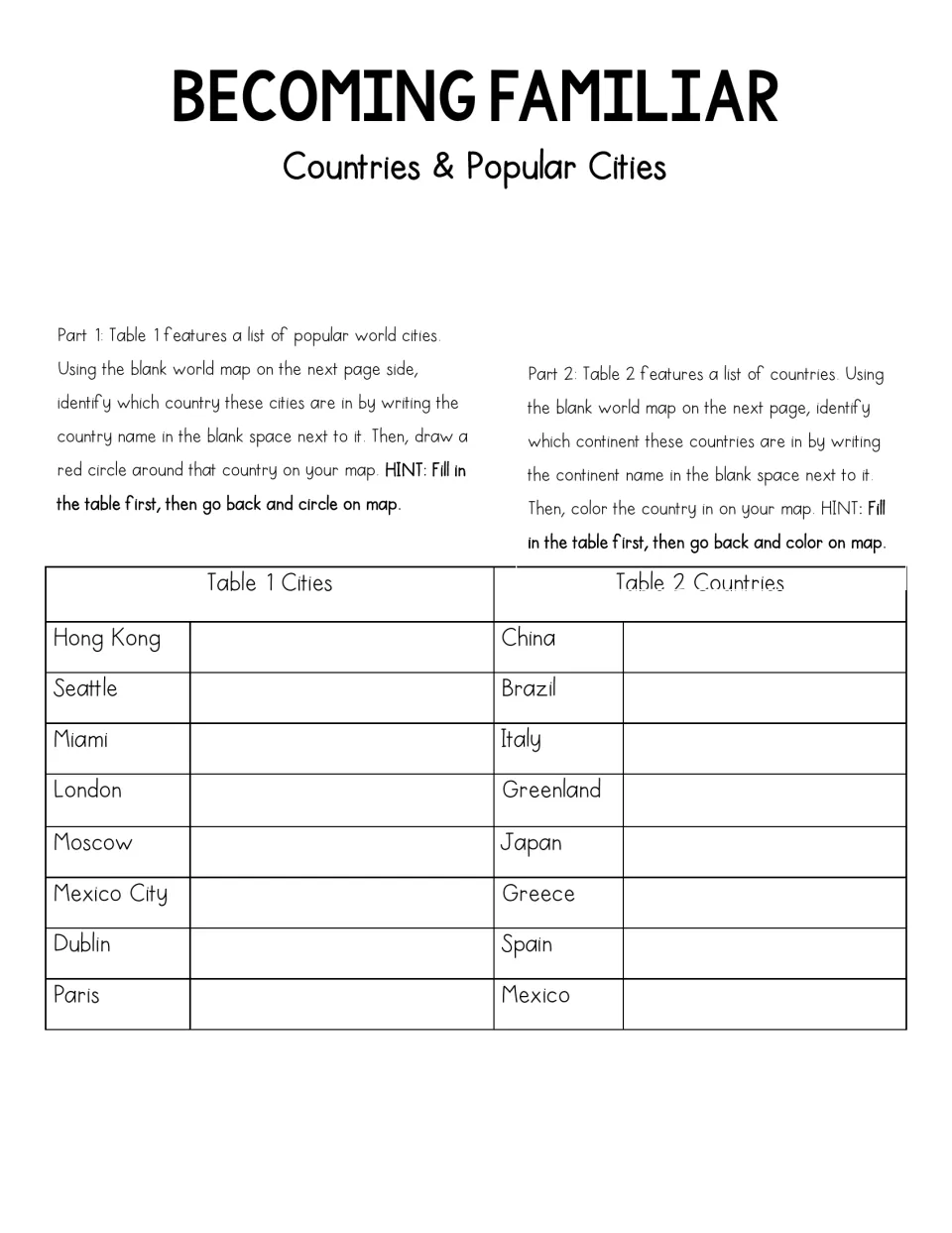 Countries and popular cities: students match cities like Hong Kong and Paris to countries, and countries to continents