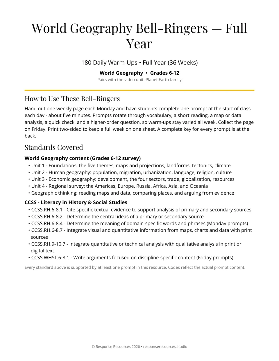 World geography bell-ringer cover and guide: 180 warm-ups over 36 weeks, directions, and standards