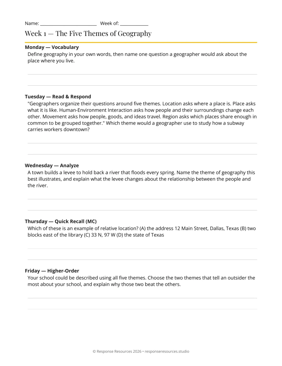 Week 1 geography bell-ringers: five themes, subway movement, levees, relative location, and school