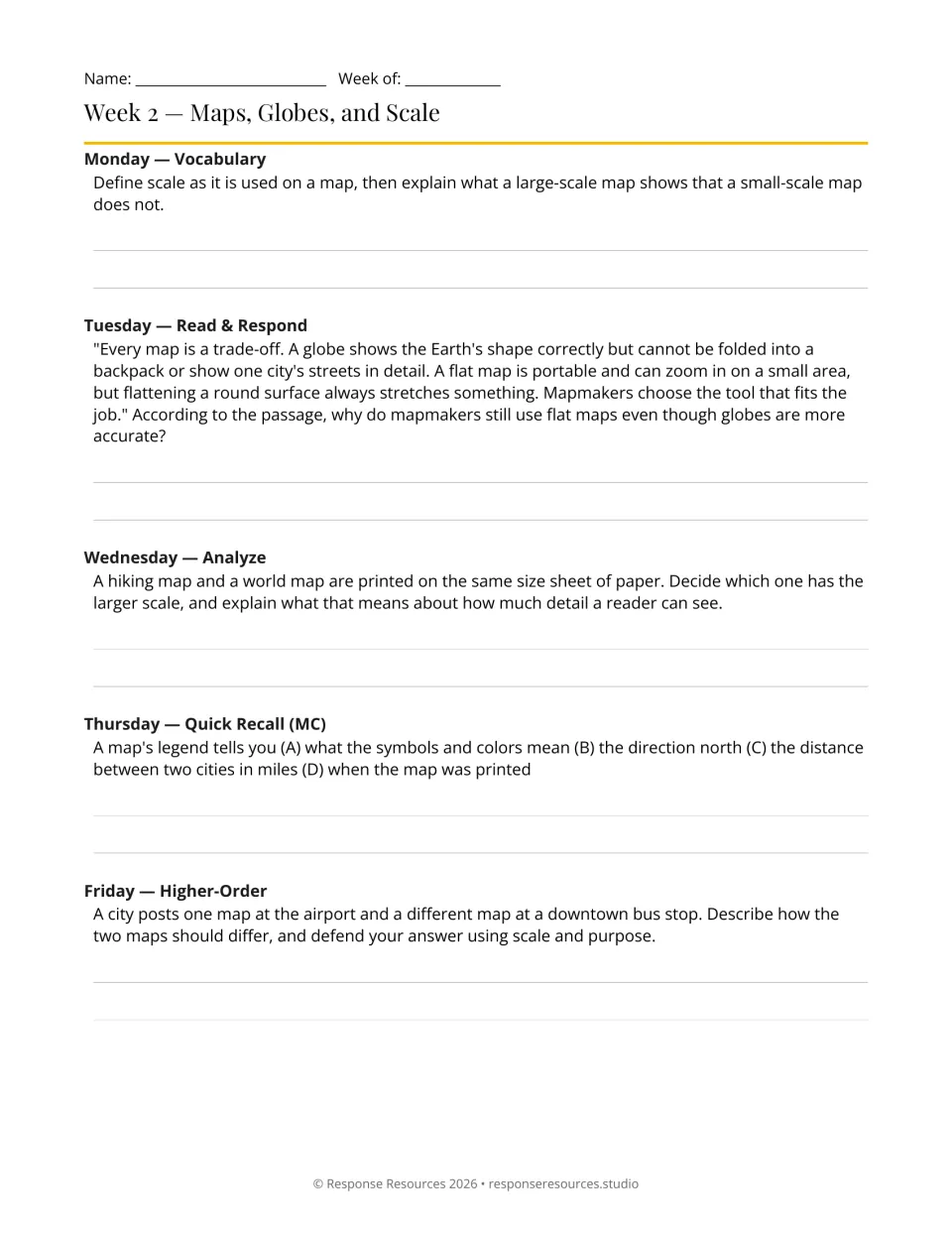 Week 2 geography bell-ringers: map scale, globes, hiking and world maps, legends, and city map purposes