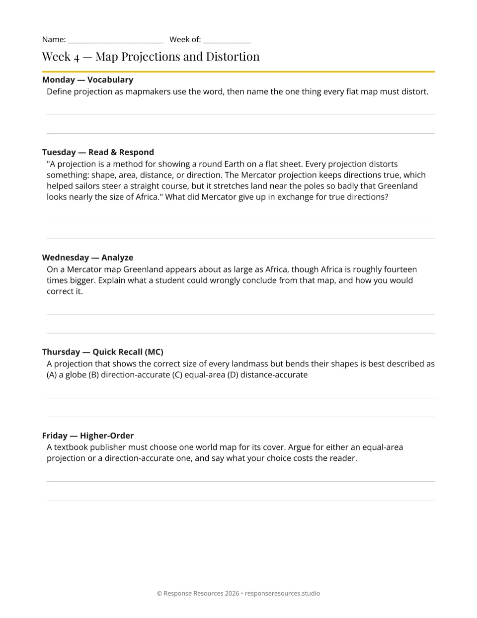 Week 4 geography bell-ringers: map projections, Mercator distortion, Greenland, and equal-area maps