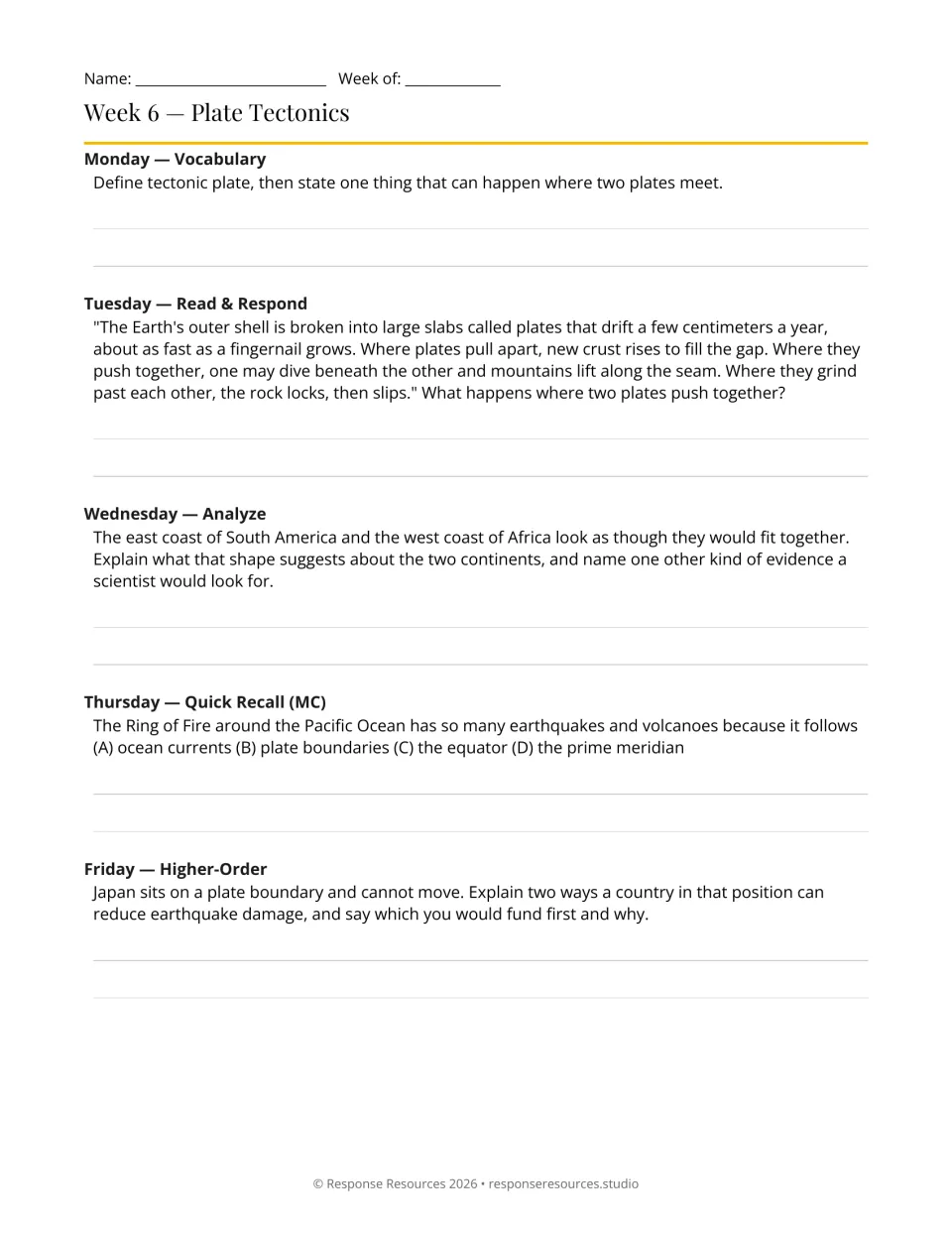 Week 6 geography bell-ringers: tectonic plates, continental fit, the Ring of Fire, and earthquake damage