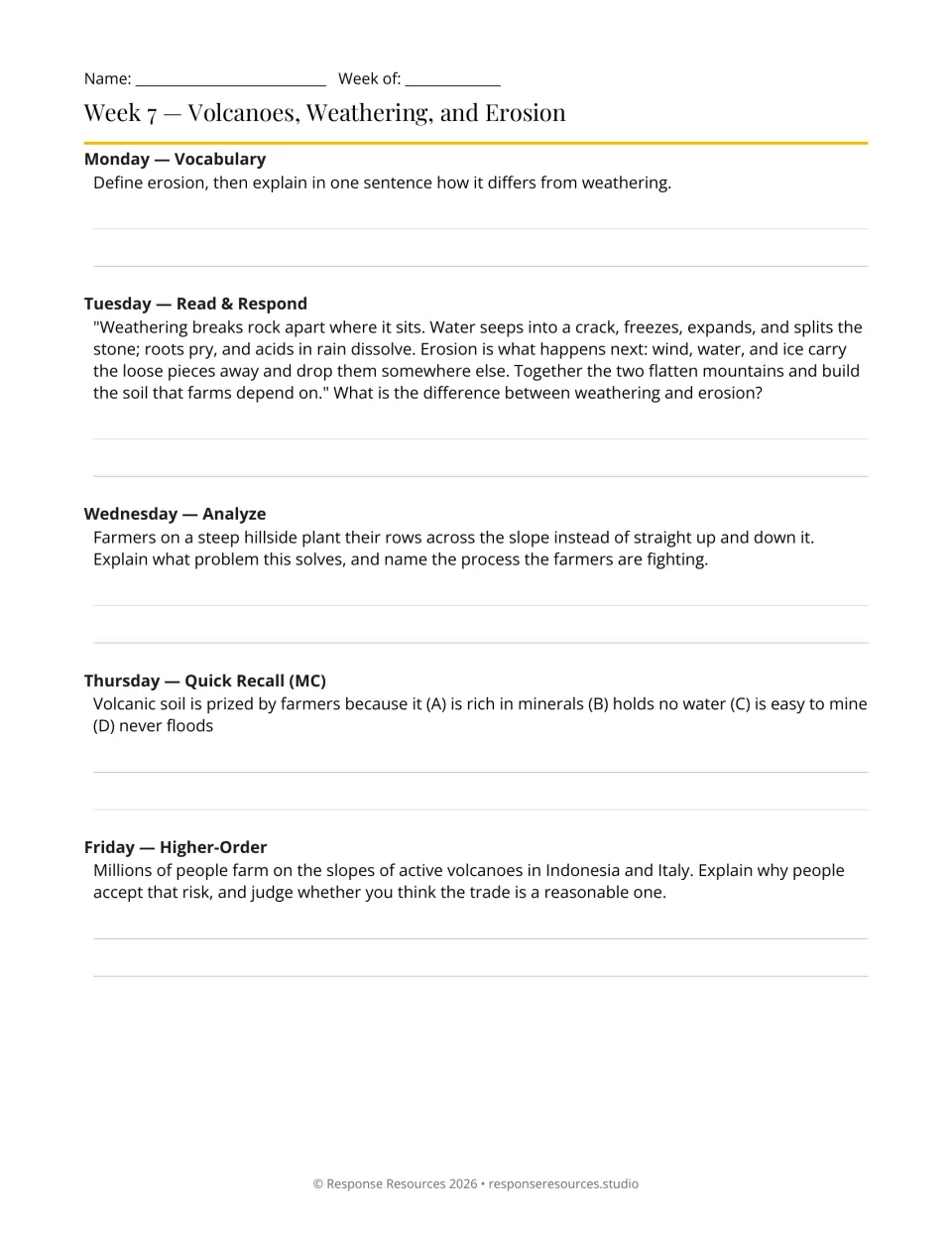 Week 7 geography bell-ringers: weathering versus erosion, hillside farming, volcanic soil, and risk