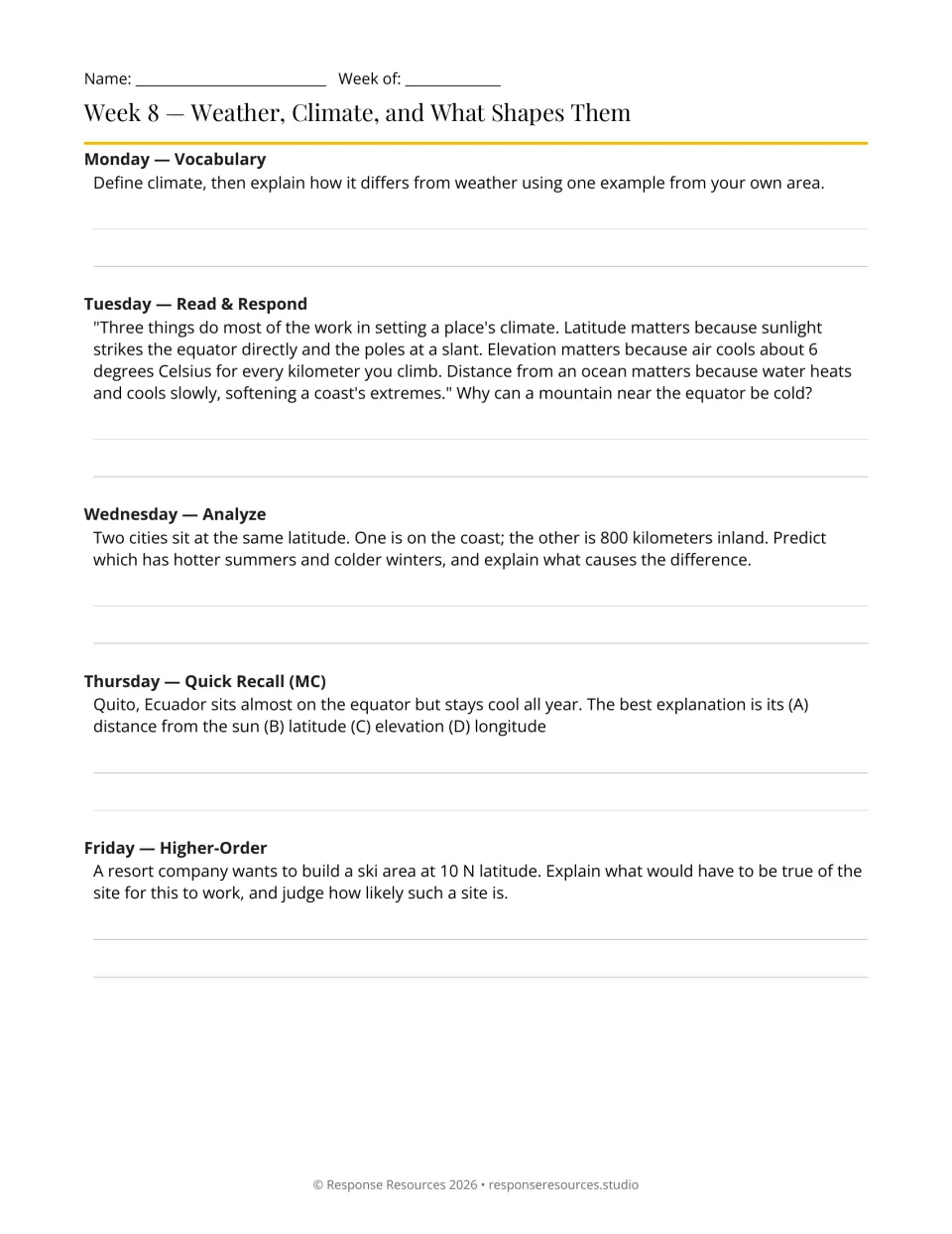 Week 8 geography bell-ringers: weather versus climate, elevation, coastal temperatures, and a ski site