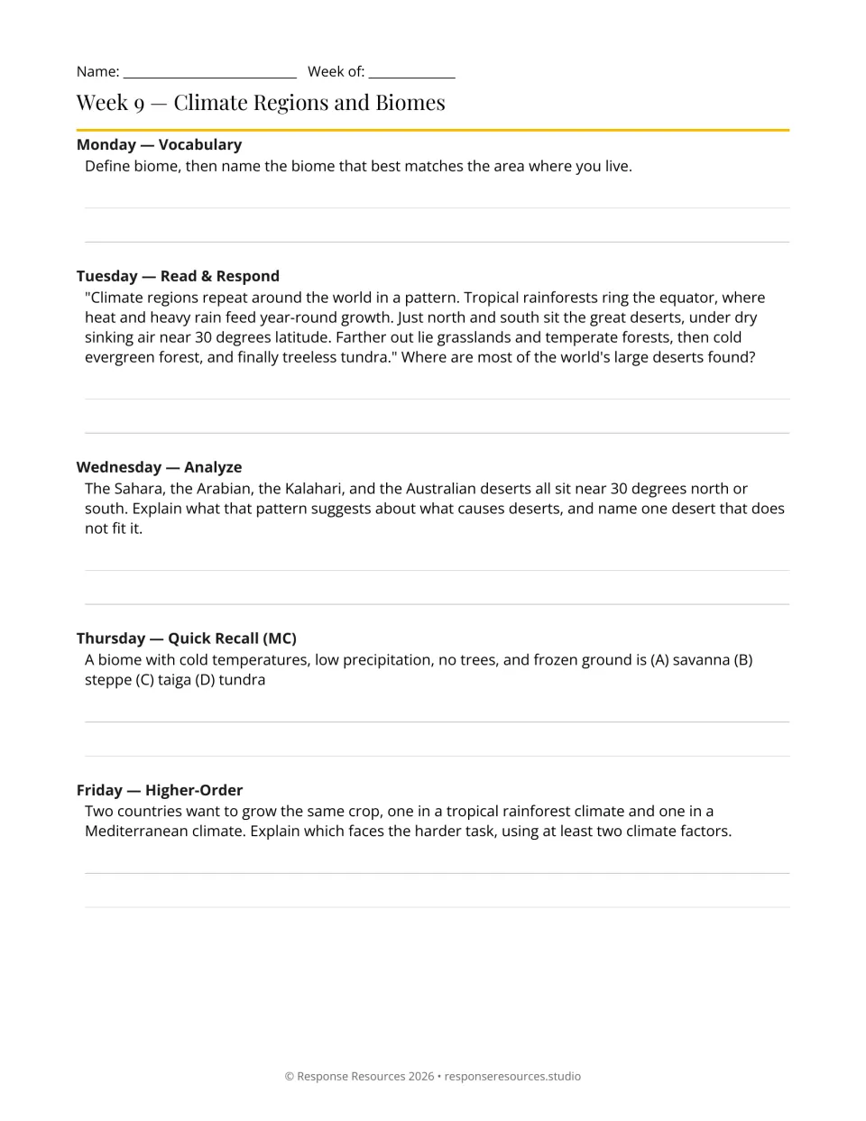 Week 9 geography bell-ringers: biomes, desert latitude patterns, tundra, and climate effects on crops