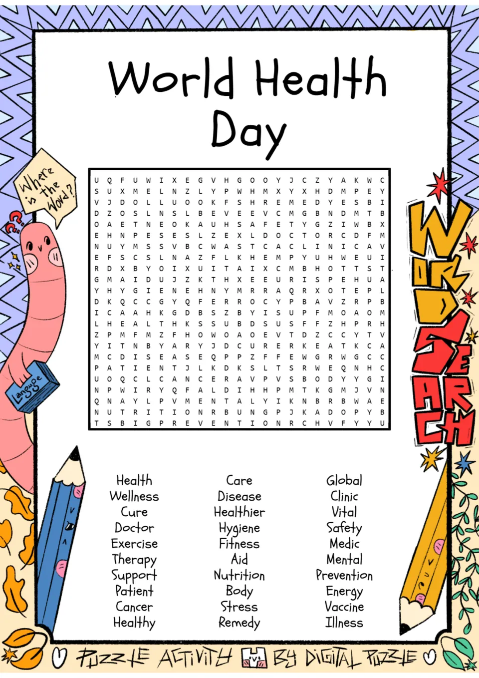 World Health Day word search: students find 30 health words such as wellness, hygiene, nutrition and vaccine