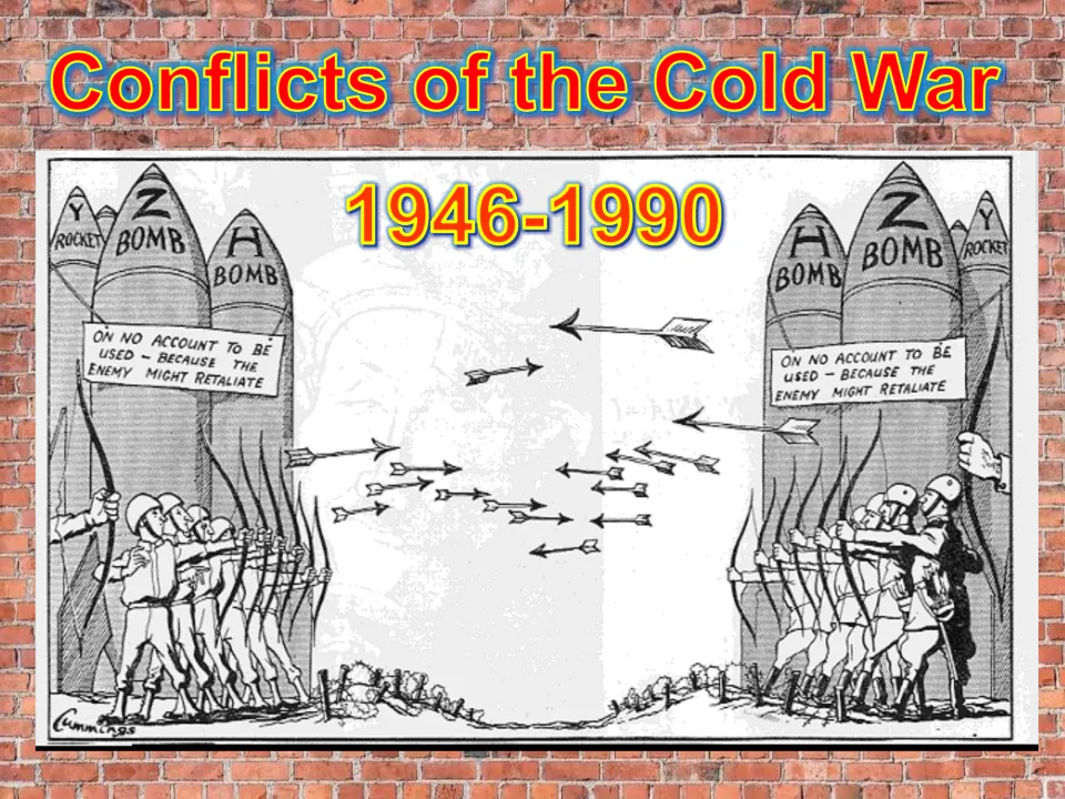 Cold War 1946-1990 political cartoon: soldiers shoot arrows beside Y, Z and H bombs marked not to be used