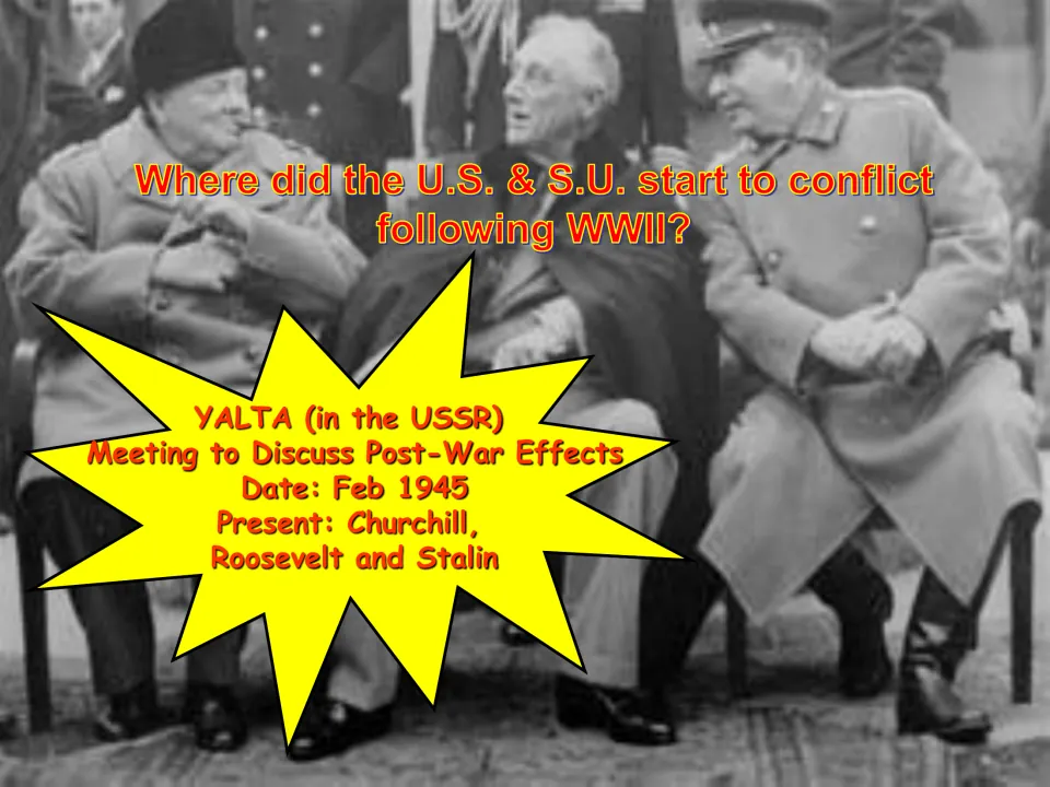 Yalta Conference, Feb 1945: Churchill, Roosevelt and Stalin meet on post-war effects, where U.S.-Soviet conflict began