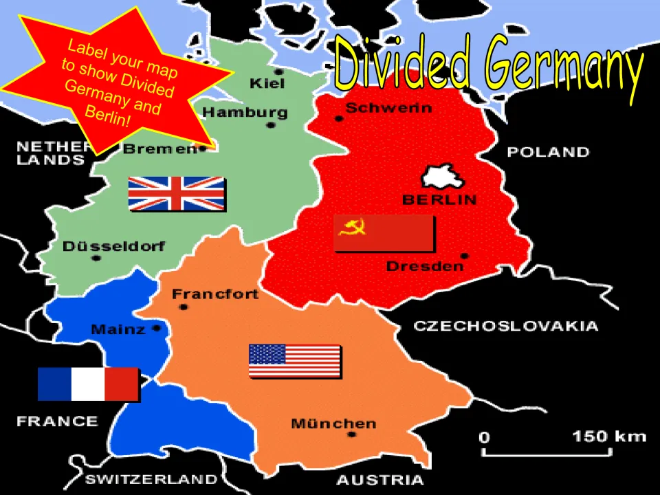 Divided Germany map of British, French, American and Soviet zones with Berlin inside the Soviet zone, for map labeling