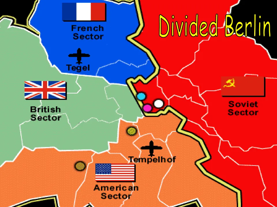 Divided Berlin map showing French, British, American and Soviet sectors with Tegel and Tempelhof airfields marked