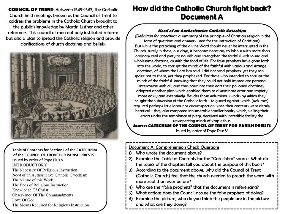 Document A presents Council of Trent catechism excerpts, a council illustration and six comprehension questions