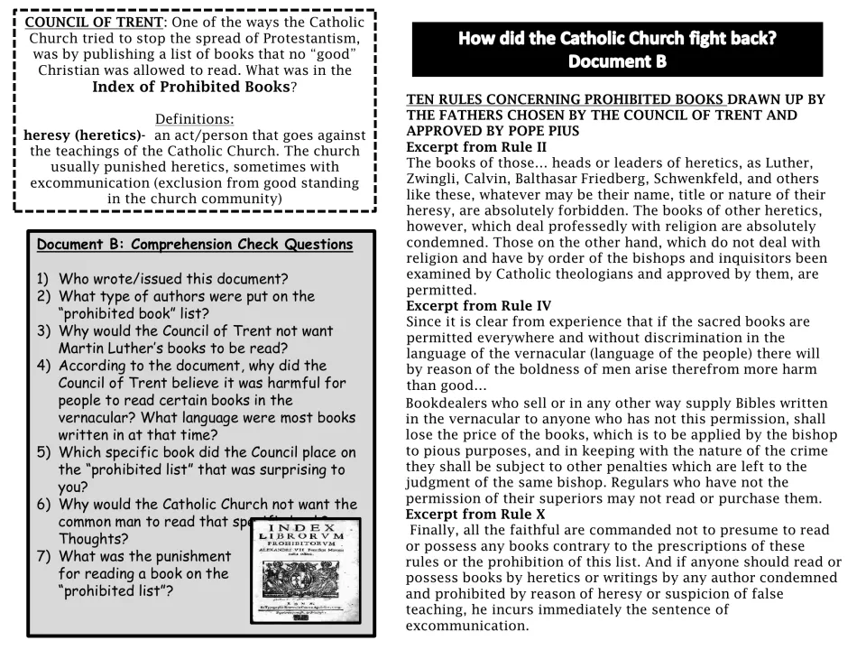Document B presents prohibited-book rules on heretical writings and vernacular Bibles, plus seven questions