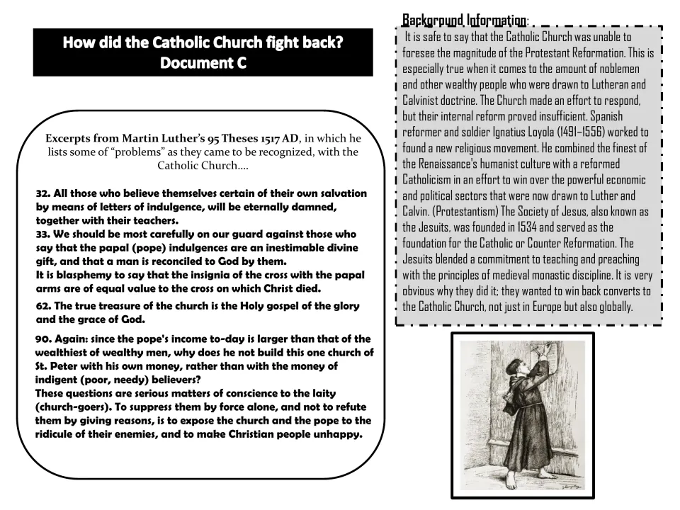 Document C pairs excerpts from Martin Luther’s 95 Theses with background on Ignatius Loyola and the Jesuits