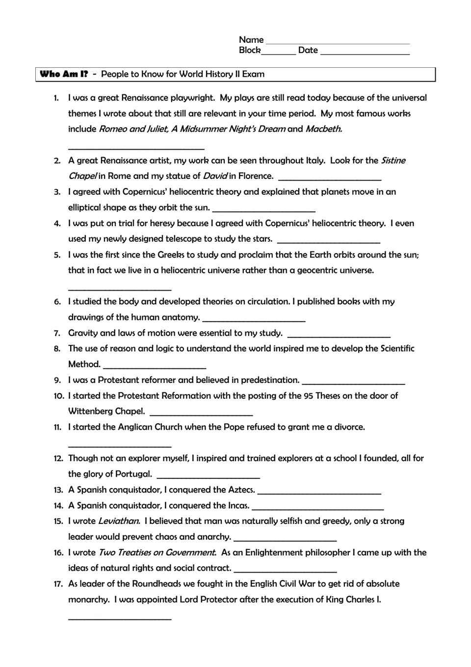 World History II review questions 1–17: identify people from clues about Shakespeare, Newton, Luther and more.