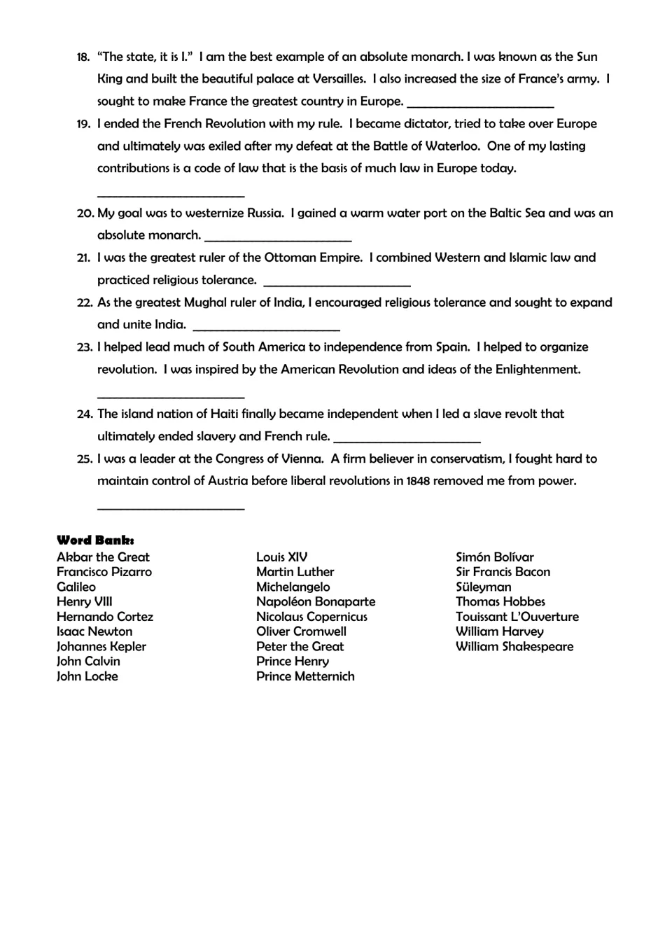 World History II review questions 18–25 on rulers and revolutionaries, plus a word bank for all 25 questions.