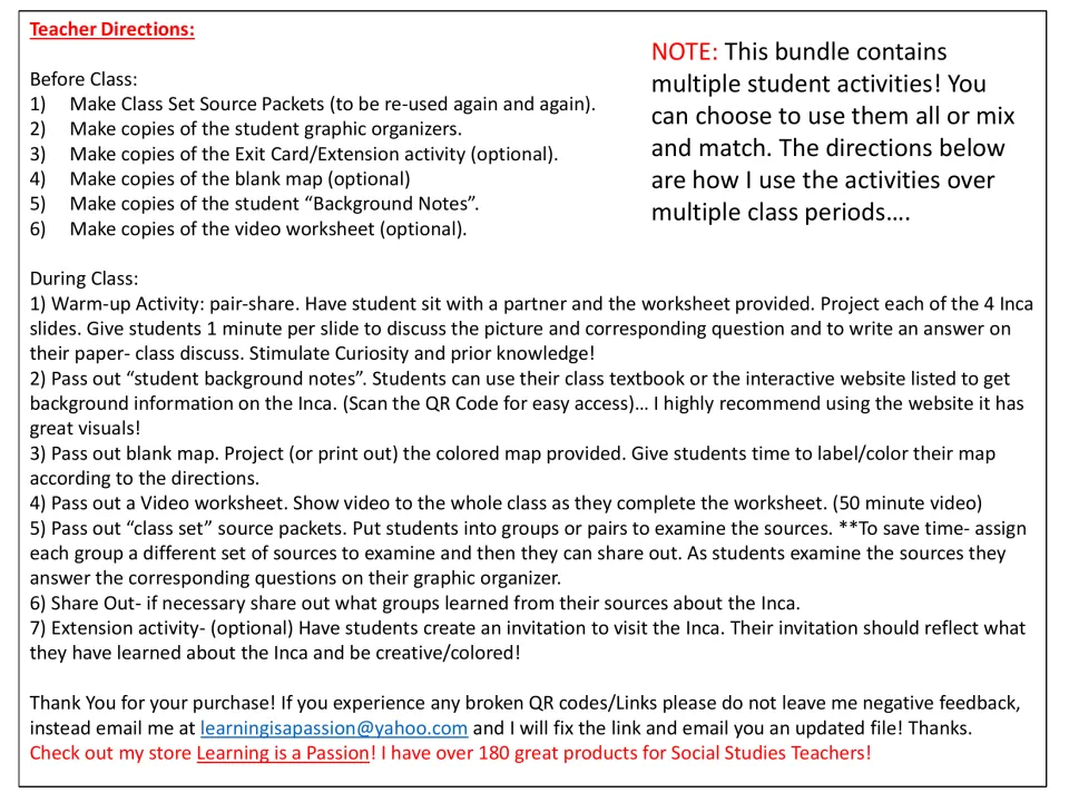 Inca unit teacher directions: prep list, then warm-up, background notes, map, video, source analysis and invitation