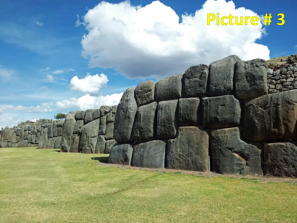 Picture # 3: massive fitted stone blocks forming a long Inca wall on a grassy field, for students to analyze in pairs