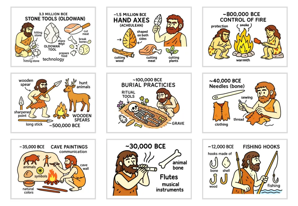 Early inventions cards: Oldowan stone tools, hand axes, control of fire, spears, burial, needles, cave art, flutes, hooks