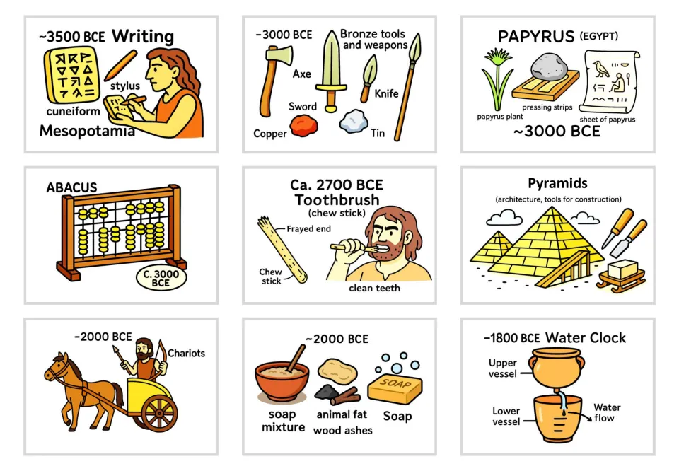Ancient cards: cuneiform writing, bronze tools, papyrus, abacus, toothbrush, pyramids, chariots, soap, water clock